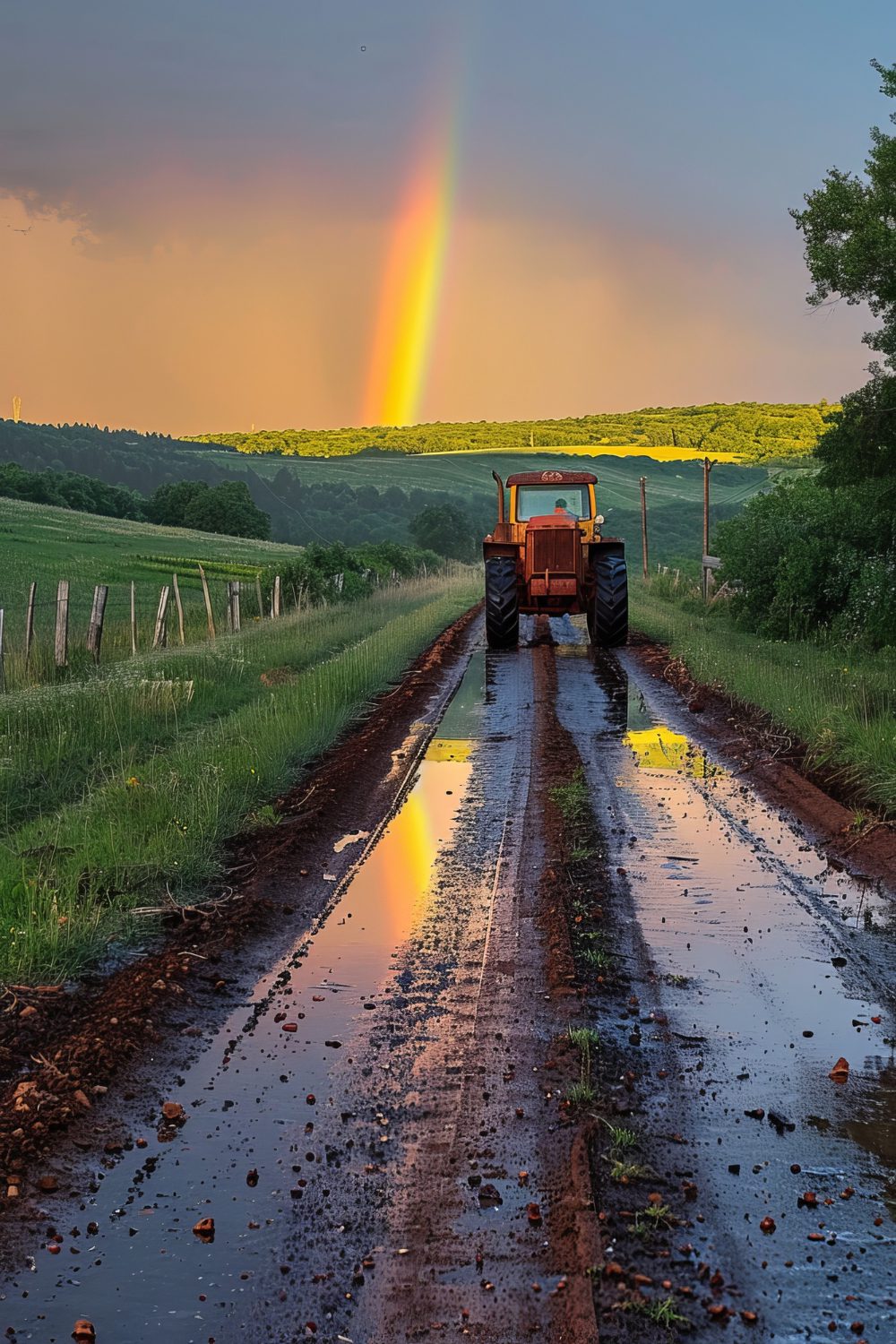 End of road with beautiful rainbow after rainy weather